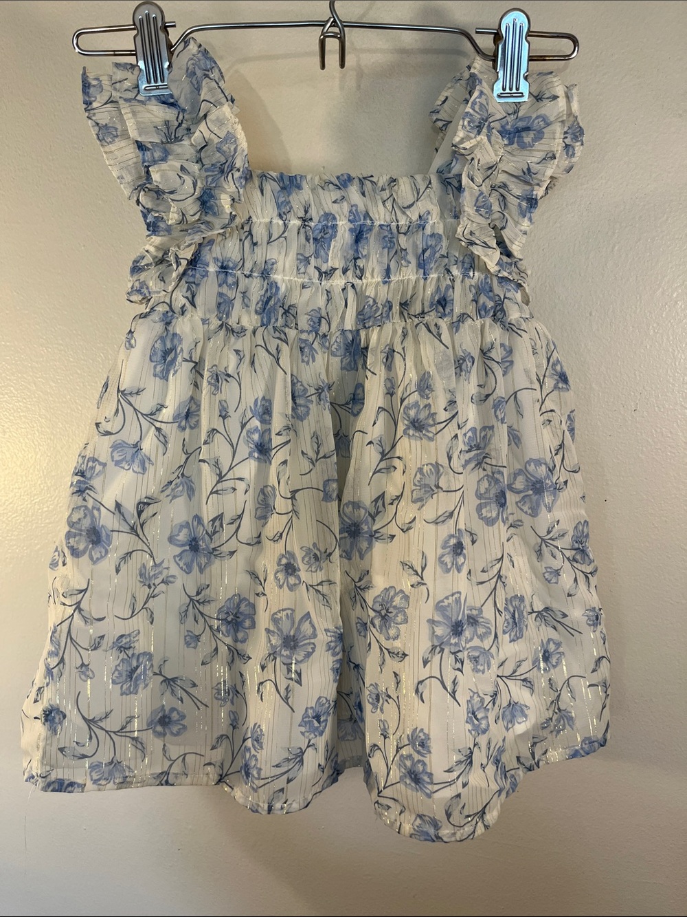 Rachel Zoe White Tank with Blue Floral Ruffles